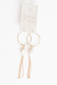 Hammered Gold Hoop w/ White Glass & Tassel Earrings