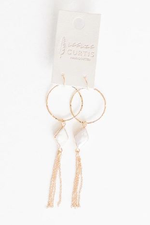 Hammered Gold Hoop w/ White Glass & Tassel Earrings