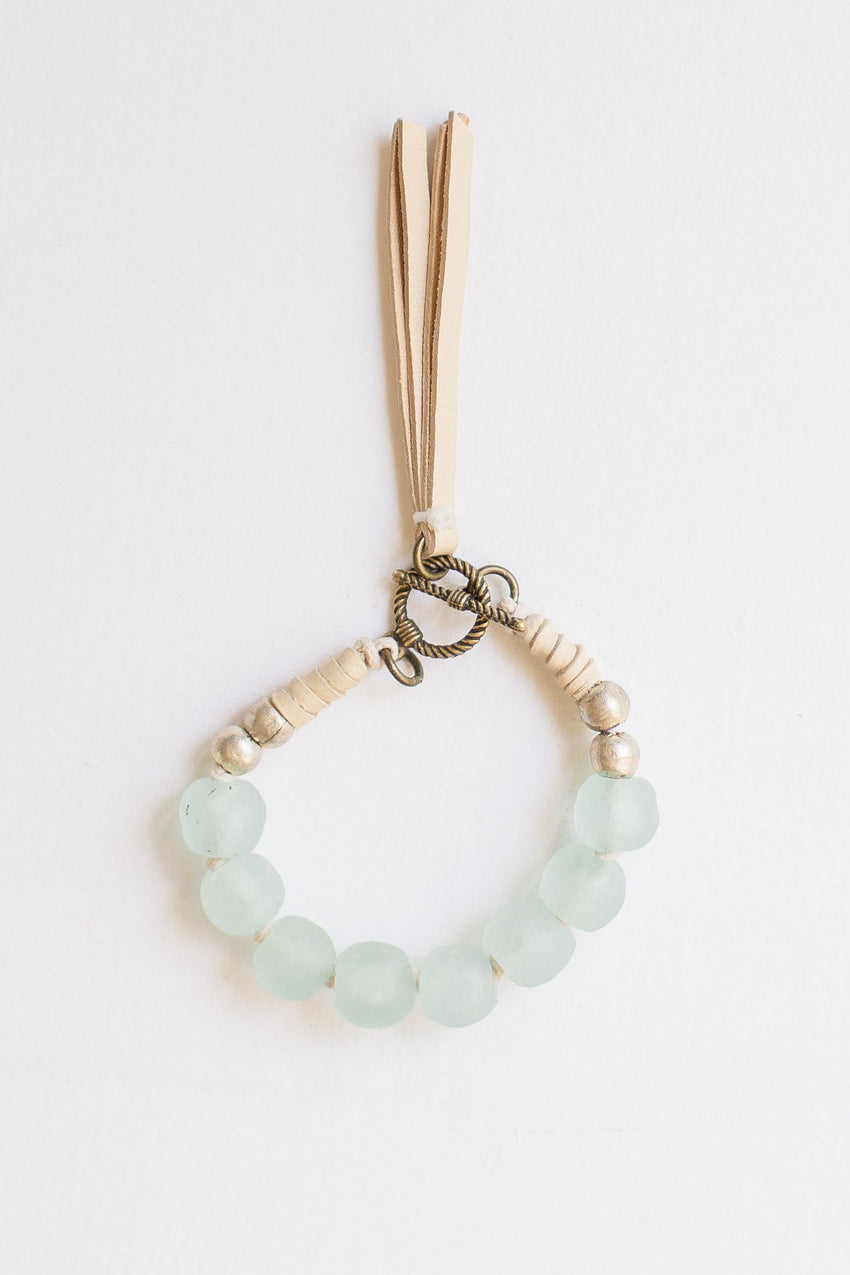 Pale Blue Glass Beads w/ Sand Leather Tassel Bracelet